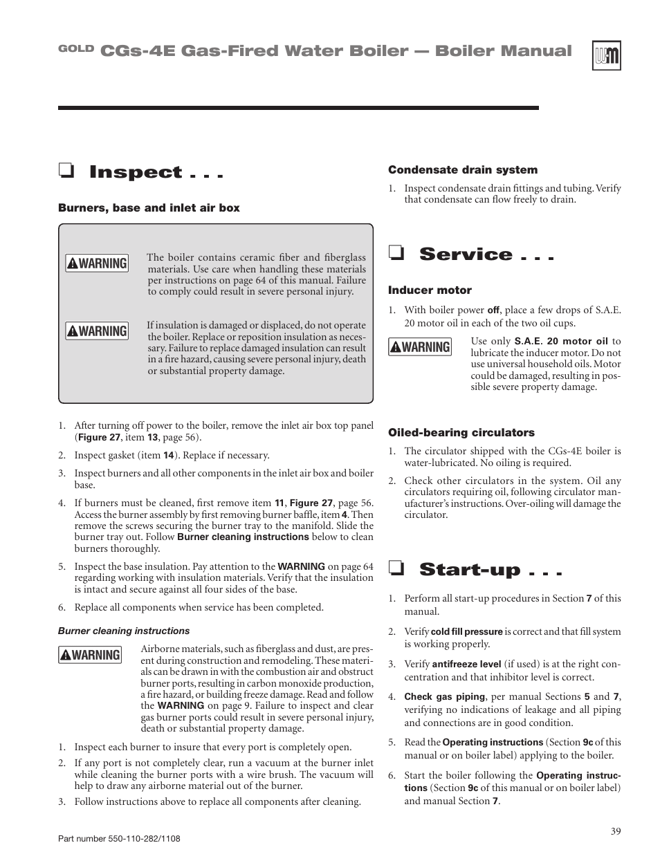 Inspect, Service, Start-up | Cgs-4e gas-fired water boiler — boiler manual | Weil-McLain GOLD CGS-4E User Manual | Page 39 / 64