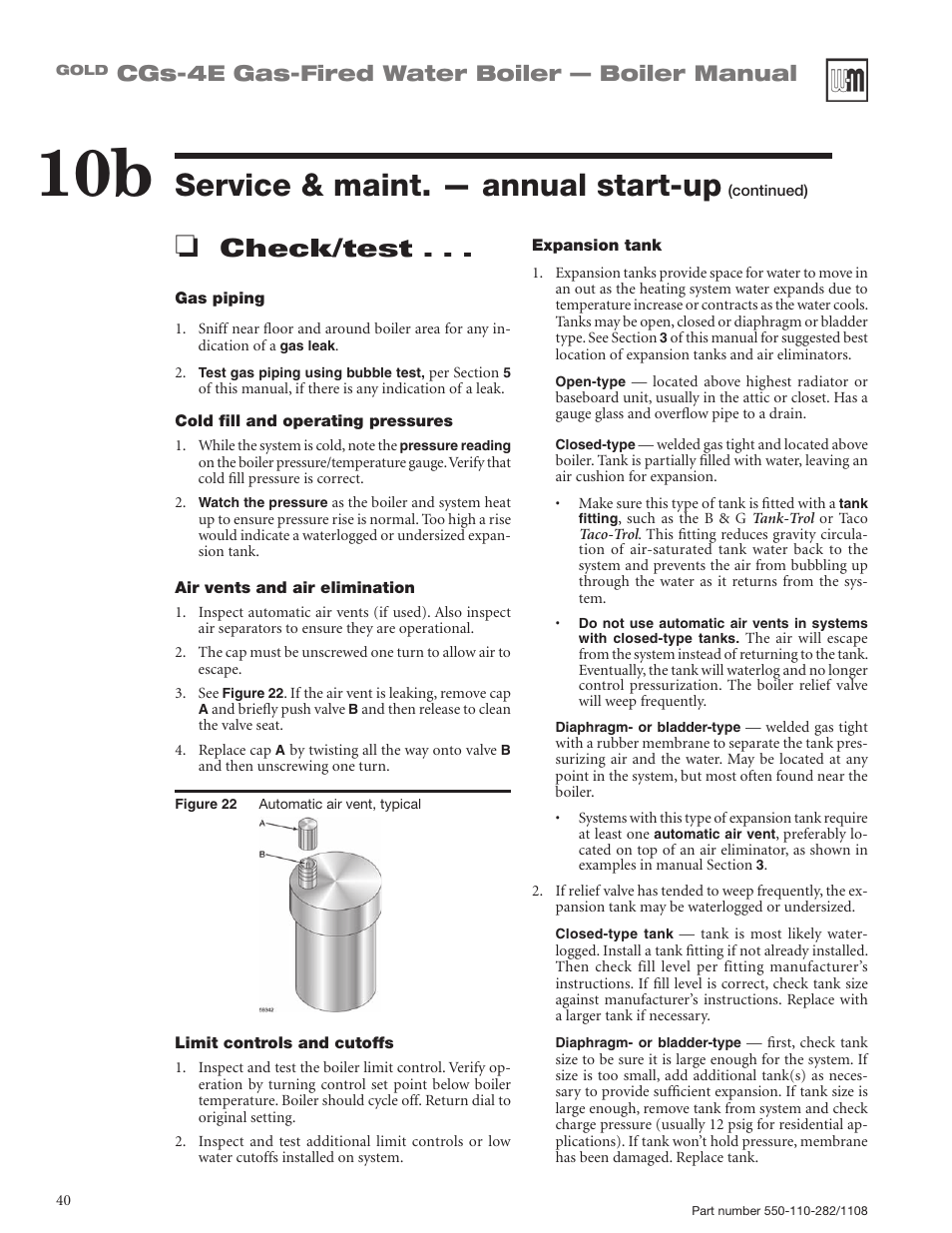 Service & maint. — annual start-up, Check/test, Cgs-4e gas-fired water boiler — boiler manual | Weil-McLain GOLD CGS-4E User Manual | Page 40 / 64