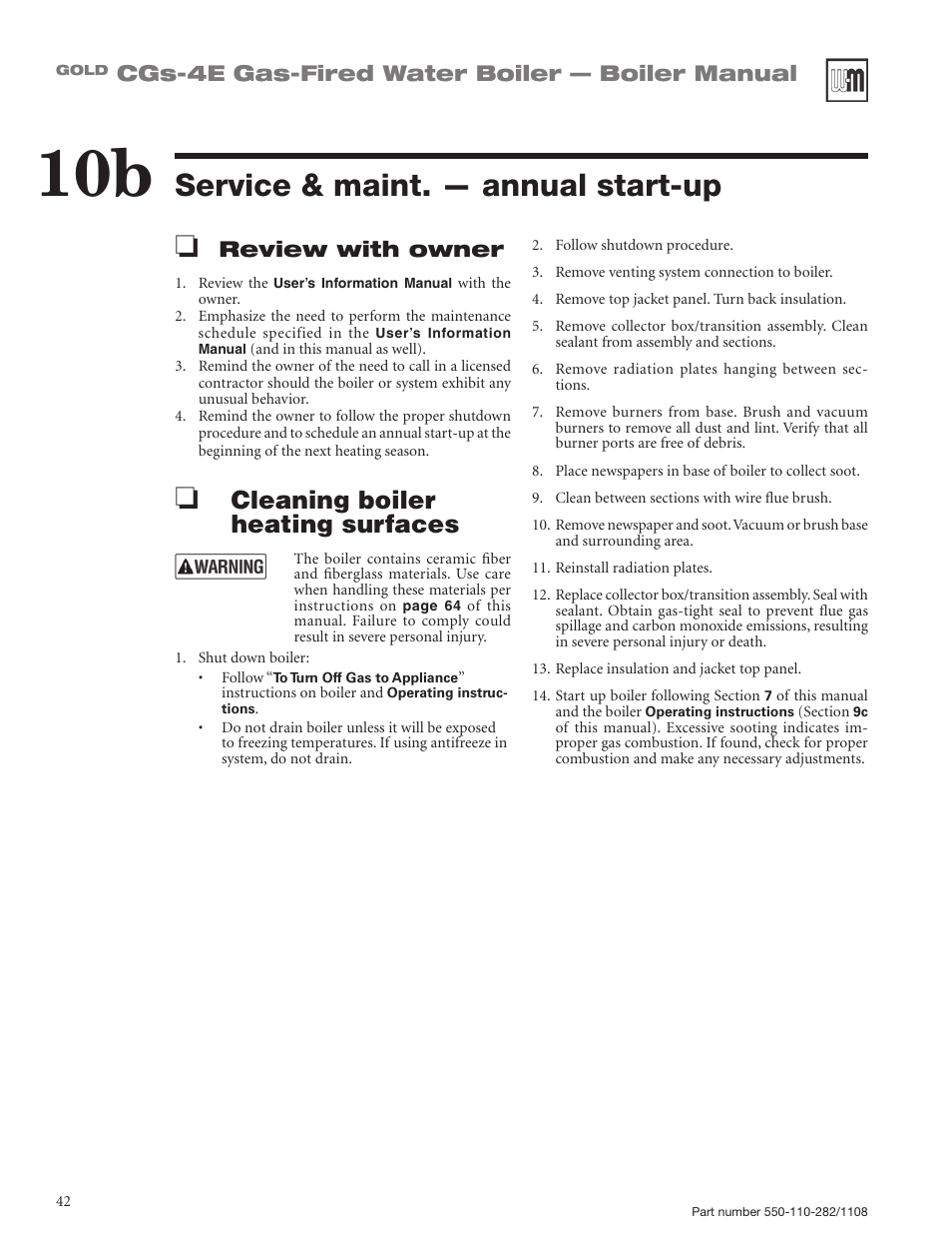 Service & maint. — annual start-up, Cleaning boiler heating surfaces, Cgs-4e gas-fired water boiler — boiler manual | Review with owner | Weil-McLain GOLD CGS-4E User Manual | Page 42 / 64