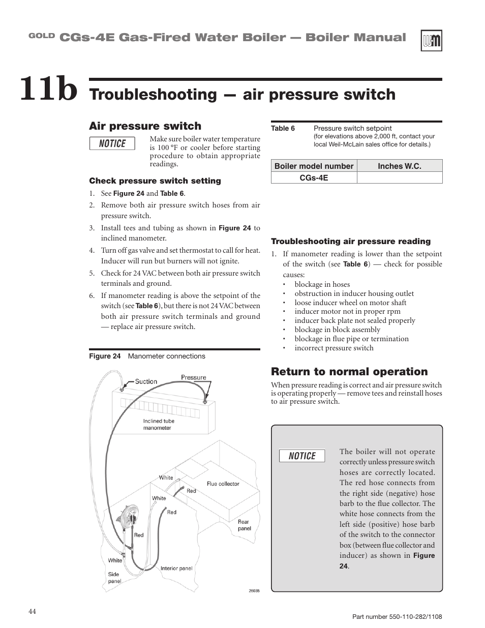 Troubleshooting — air pressure switch, Cgs-4e gas-fired water boiler — boiler manual, Air pressure switch | Return to normal operation | Weil-McLain GOLD CGS-4E User Manual | Page 44 / 64