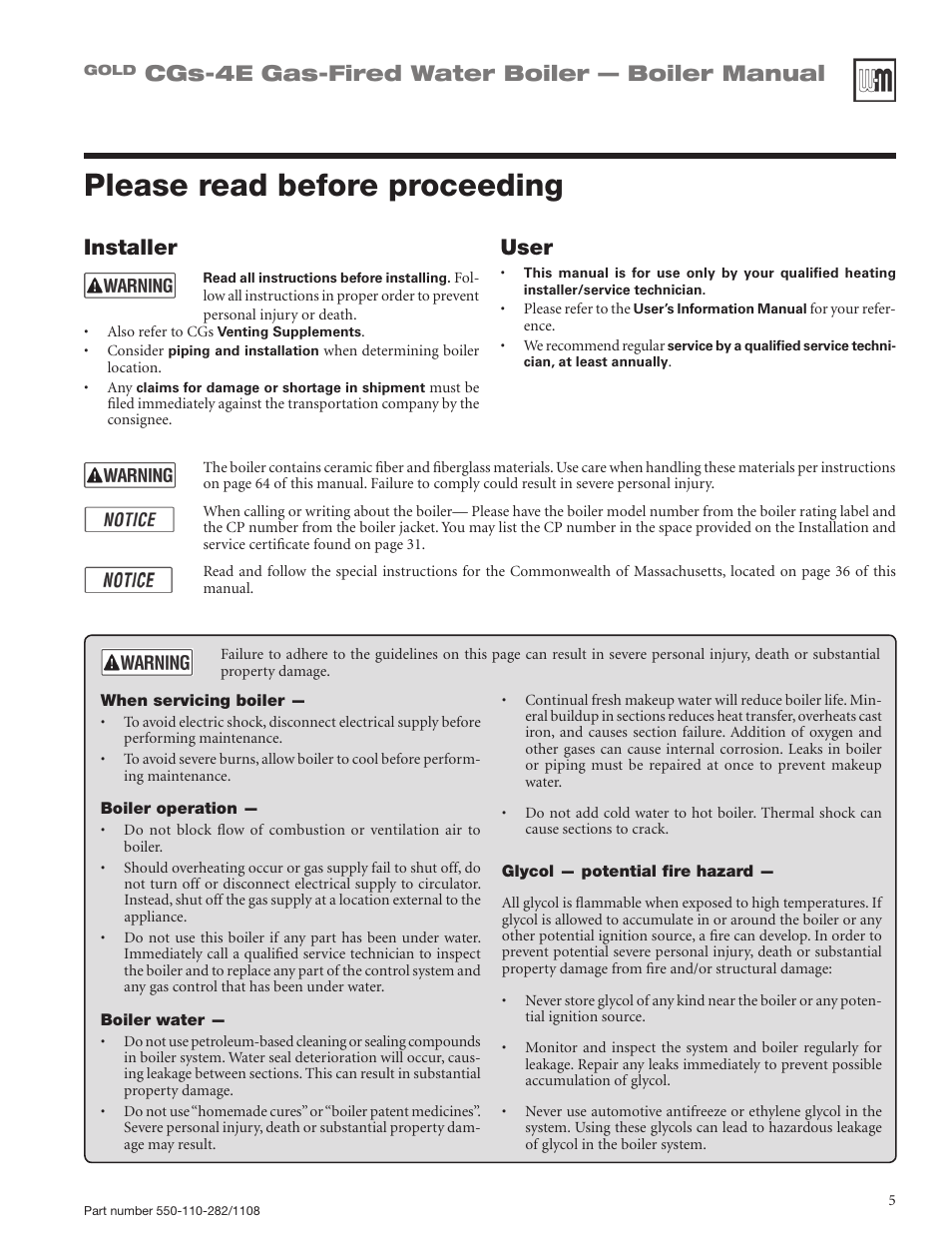 Please read before proceeding, Cgs-4e gas-fired water boiler — boiler manual, Installer | User | Weil-McLain GOLD CGS-4E User Manual | Page 5 / 64