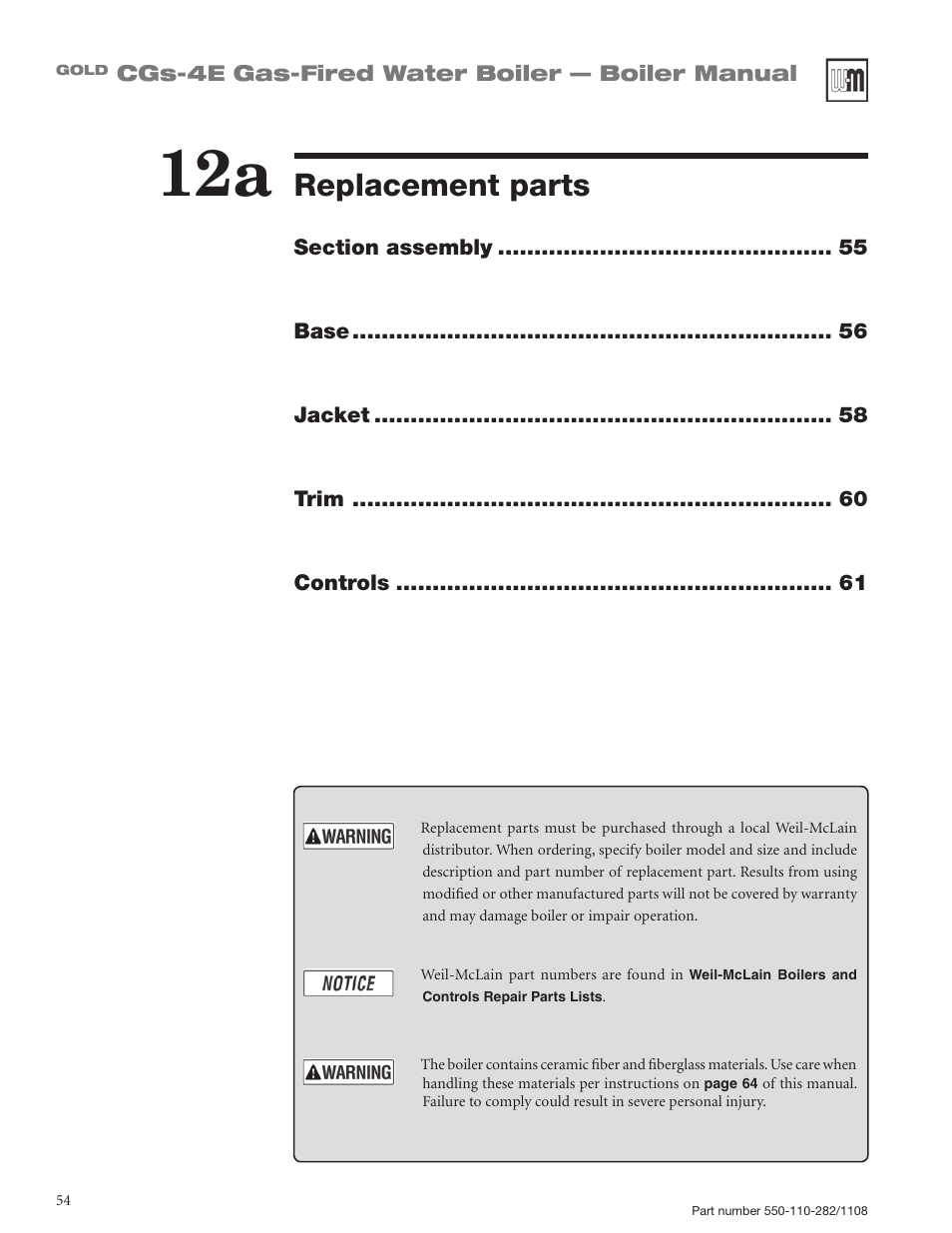 Replacement parts | Weil-McLain GOLD CGS-4E User Manual | Page 54 / 64