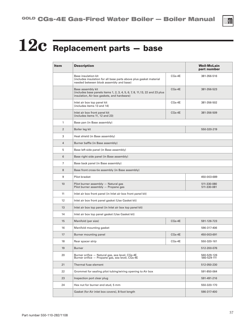 Replacement parts — base, Cgs-4e gas-fired water boiler — boiler manual, Continued) | Weil-McLain GOLD CGS-4E User Manual | Page 57 / 64