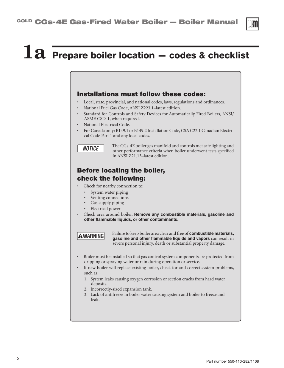 Prepare boiler location — codes & checklist, Cgs-4e gas-fired water boiler — boiler manual, Installations must follow these codes | Before locating the boiler, check the following | Weil-McLain GOLD CGS-4E User Manual | Page 6 / 64