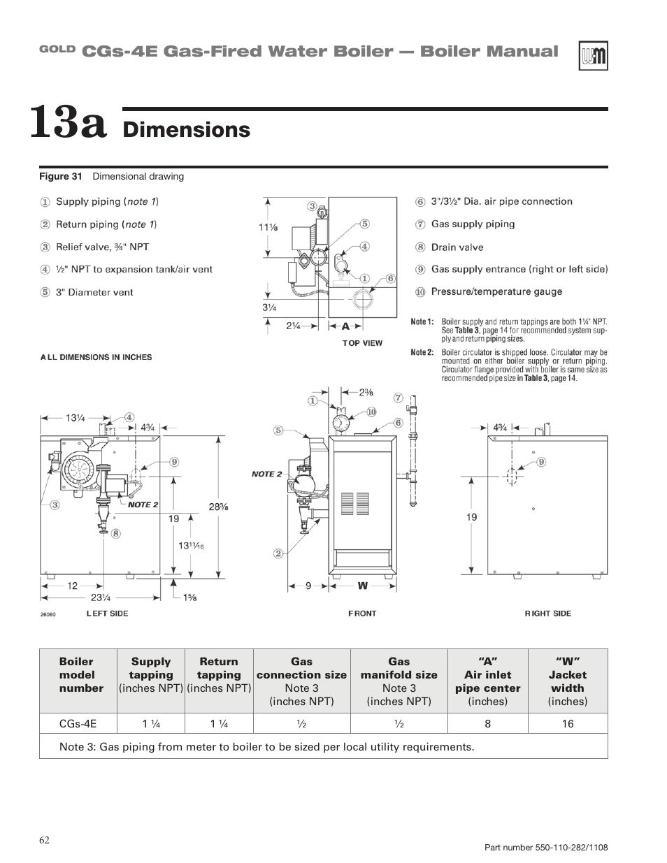 Dimensions, Cgs-4e gas-fired water boiler — boiler manual | Weil-McLain GOLD CGS-4E User Manual | Page 62 / 64