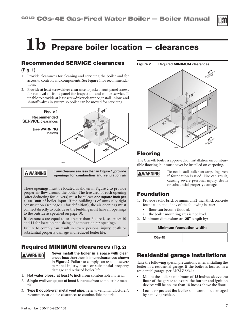 Prepare boiler location — clearances, Cgs-4e gas-fired water boiler — boiler manual, Recommended service clearances | Required minimum clearances, Flooring, Foundation, Residential garage installations | Weil-McLain GOLD CGS-4E User Manual | Page 7 / 64