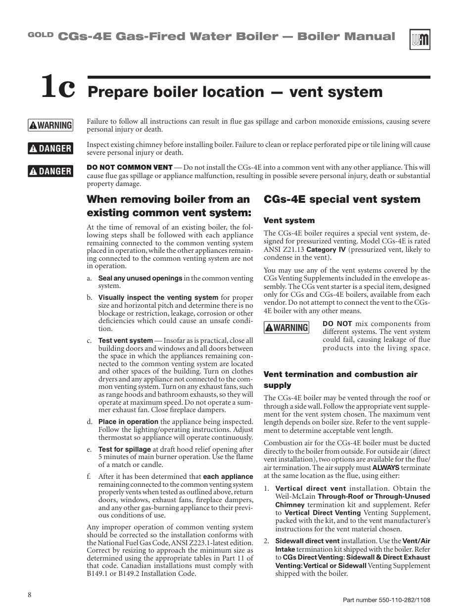 Prepare boiler location — vent system, Cgs-4e gas-fired water boiler — boiler manual, Cgs-4e special vent system | Weil-McLain GOLD CGS-4E User Manual | Page 8 / 64