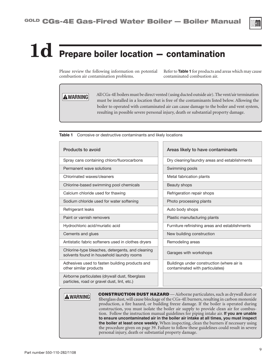 Prepare boiler location — contamination, Cgs-4e gas-fired water boiler — boiler manual | Weil-McLain GOLD CGS-4E User Manual | Page 9 / 64