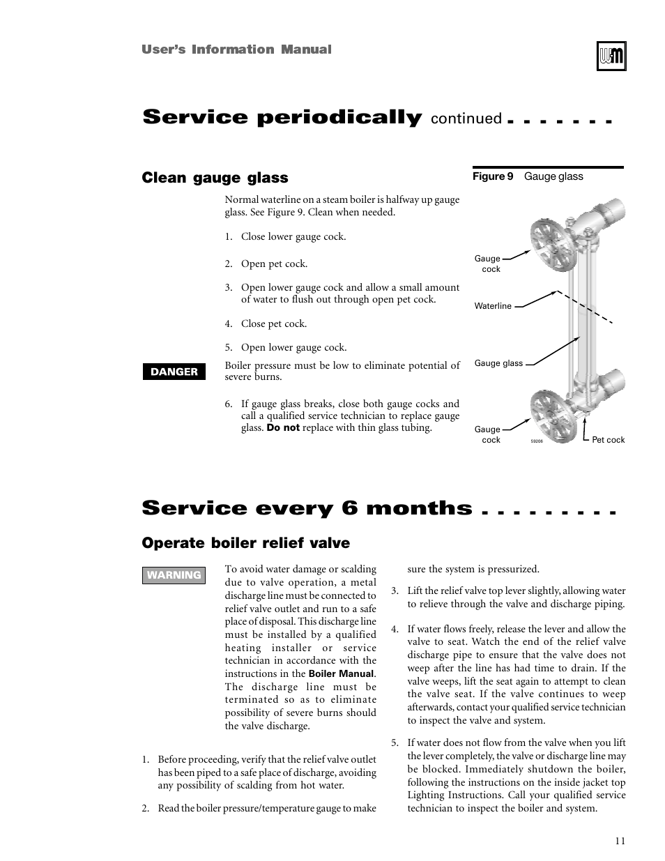 Service every 6 months, Service periodically, Operate boiler relief valve | Clean gauge glass, Continued | Weil-McLain CGi User Manual | Page 11 / 24