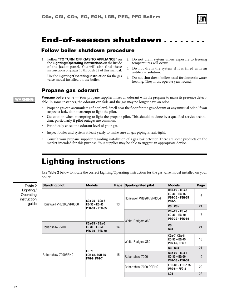 Start — or — shutdown boiler, Lighting instructions, End-of-season shutdown | Follow boiler shutdown procedure, Propane gas odorant | Weil-McLain CGi User Manual | Page 12 / 24