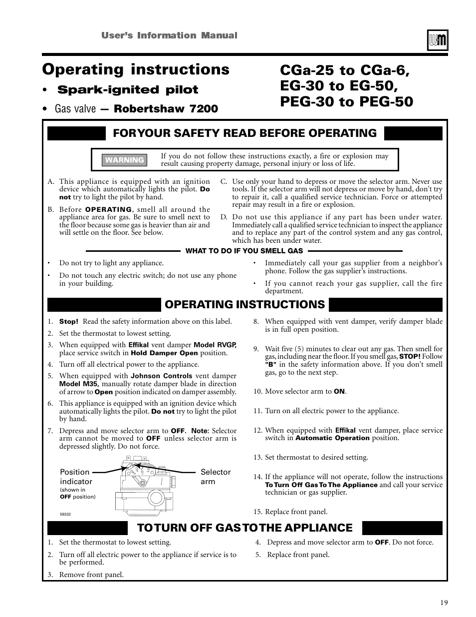 Operating instructions, Spark-ignited pilot • gas valve — robertshaw 7200 | Weil-McLain CGi User Manual | Page 19 / 24