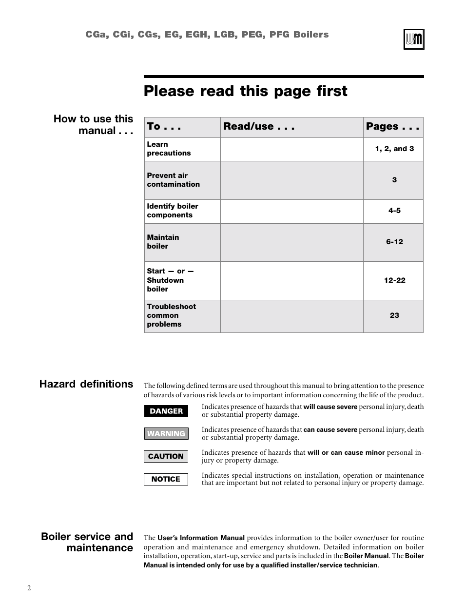 Please read this page first, How to use this manual, Boiler service and maintenance | Hazard definitions | Weil-McLain CGi User Manual | Page 2 / 24