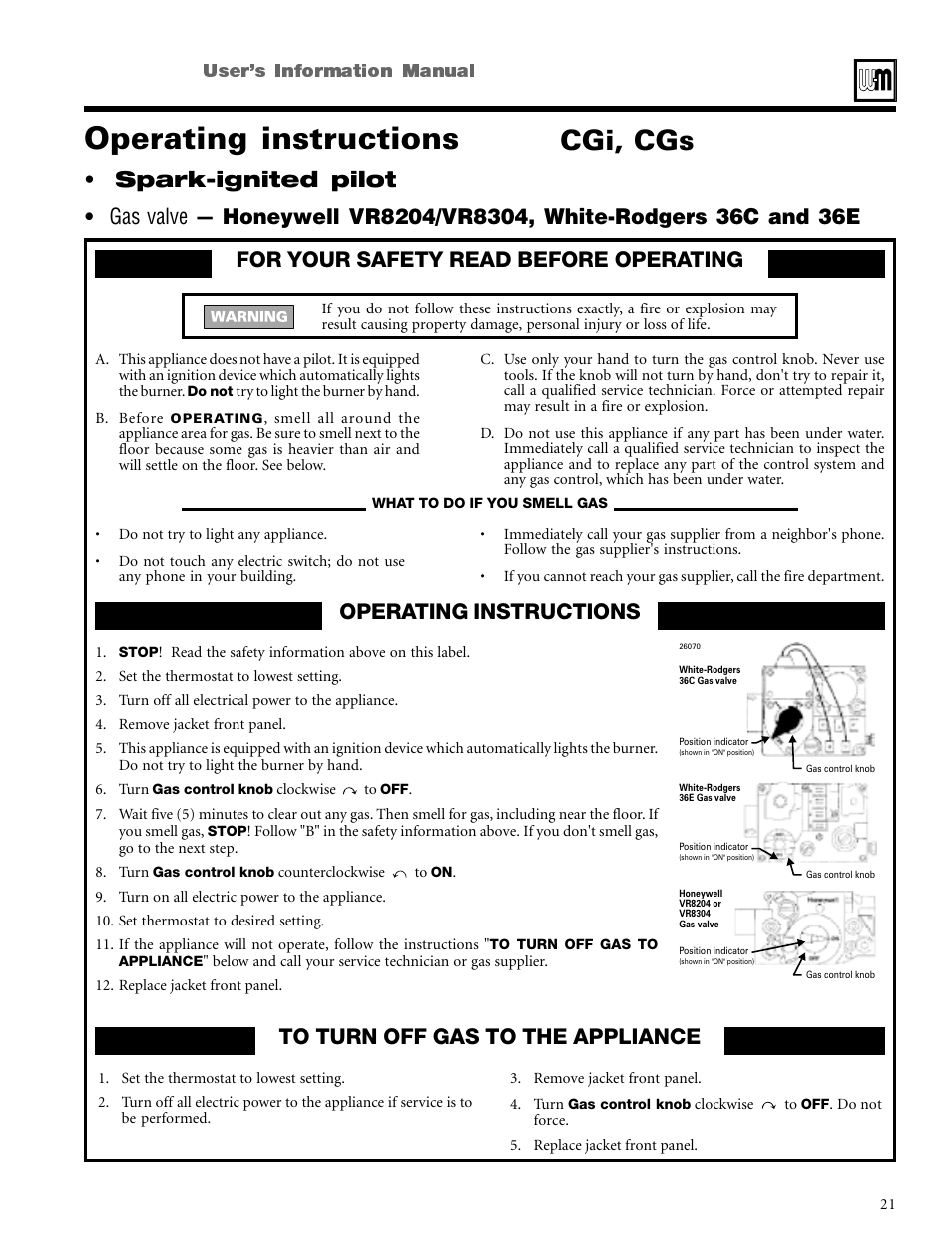 Operating instructions, Cgi, cgs, Spark-ignited pilot | Users information manual | Weil-McLain CGi User Manual | Page 21 / 24