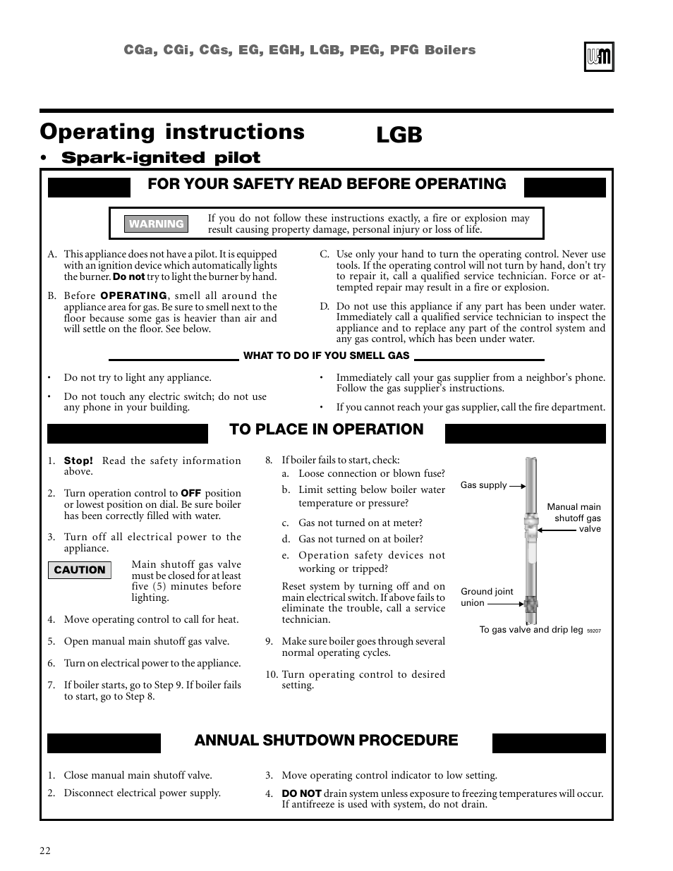 Operating instructions, Annual shutdown procedure, Spark-ignited pilot | For your safety read before operating | Weil-McLain CGi User Manual | Page 22 / 24