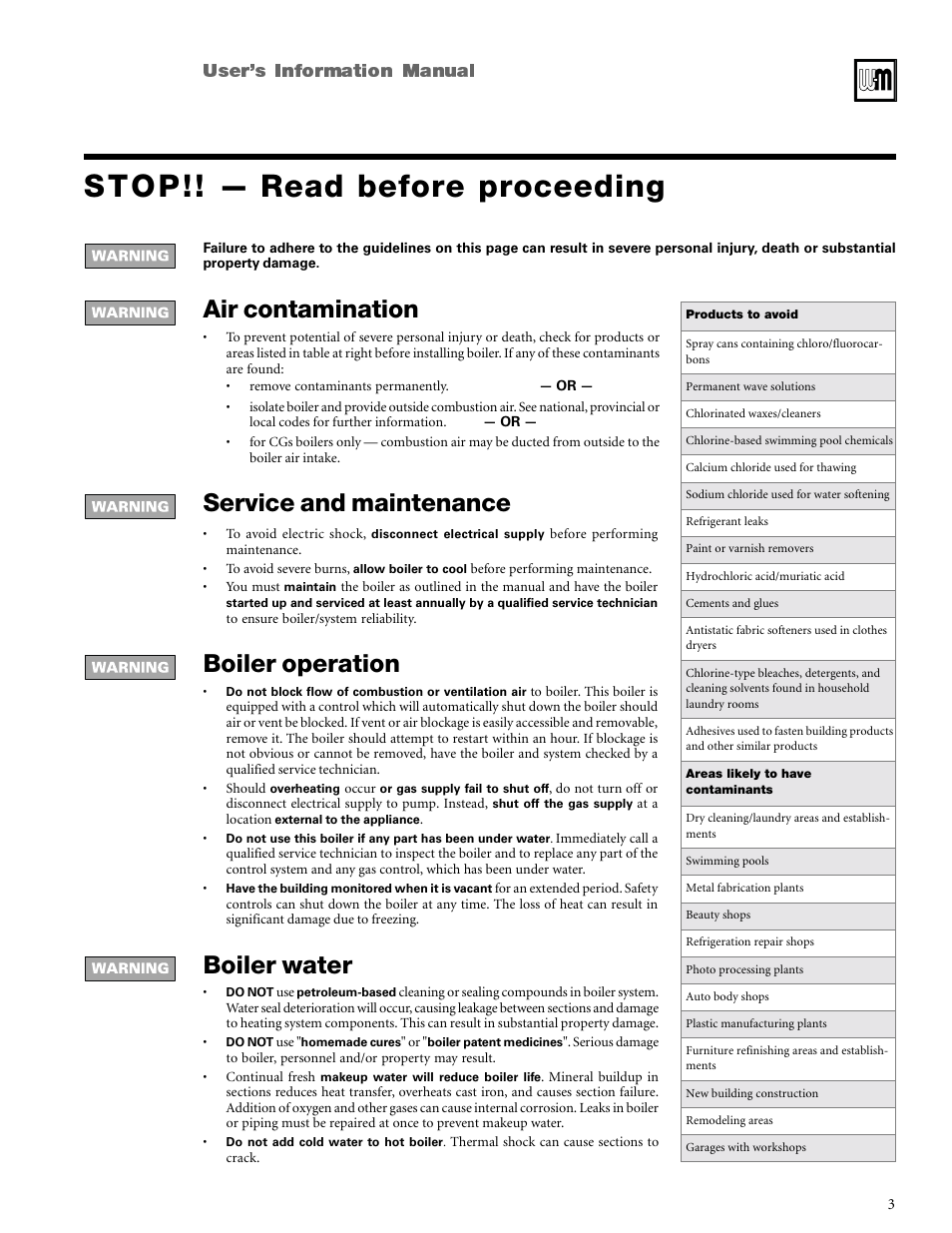 Prevent air contamination, Boiler water, Boiler operation | Service and maintenance, Air contamination, Users information manual | Weil-McLain CGi User Manual | Page 3 / 24