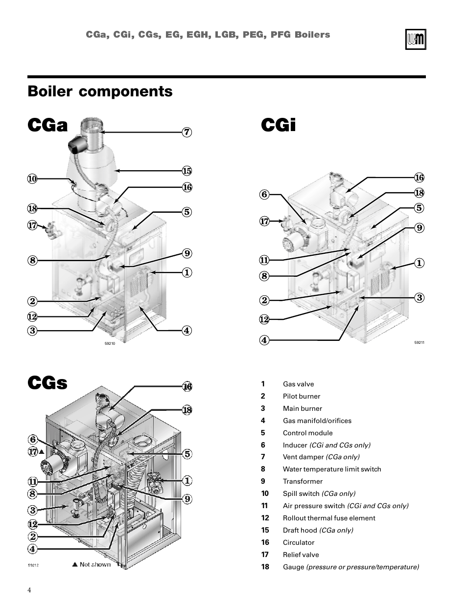 Identify boiler components, Cga cgi cgs, Boiler components | Weil-McLain CGi User Manual | Page 4 / 24