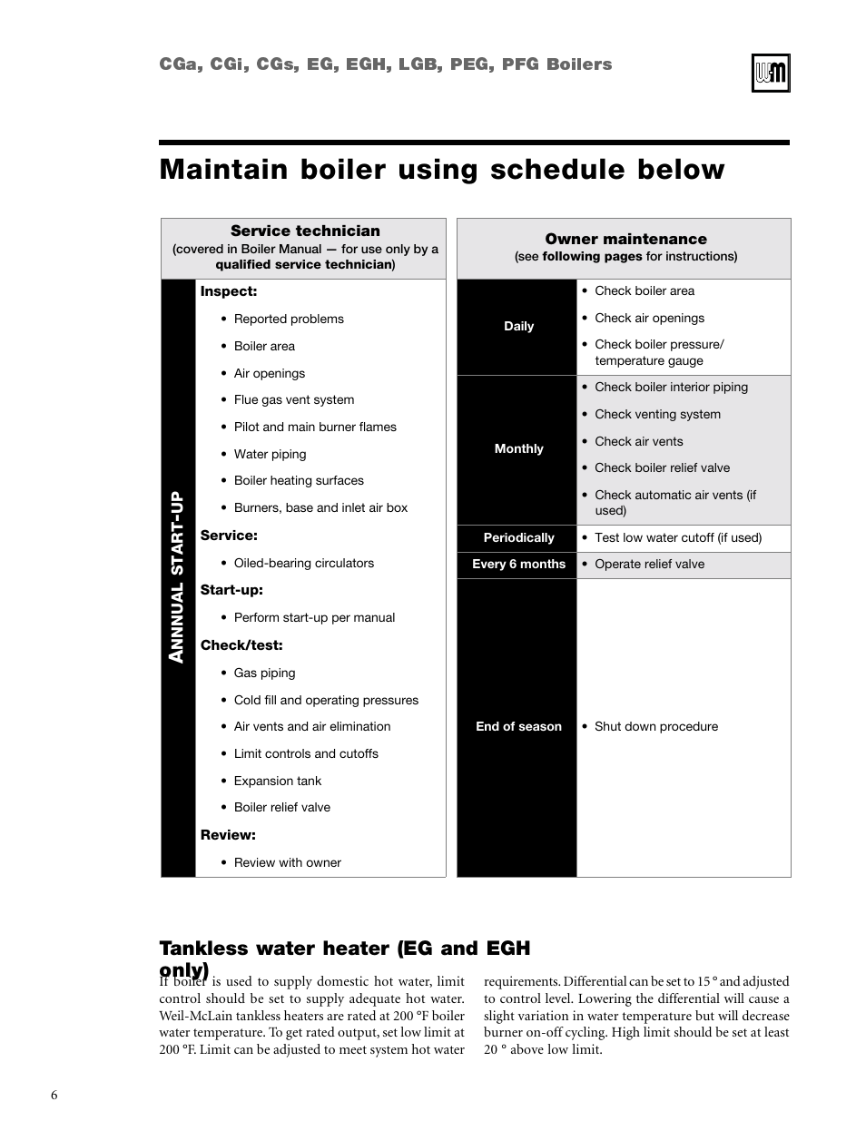 Maintain boiler, Maintain boiler using schedule below, Tankless water heater (eg and egh only) | Weil-McLain CGi User Manual | Page 6 / 24