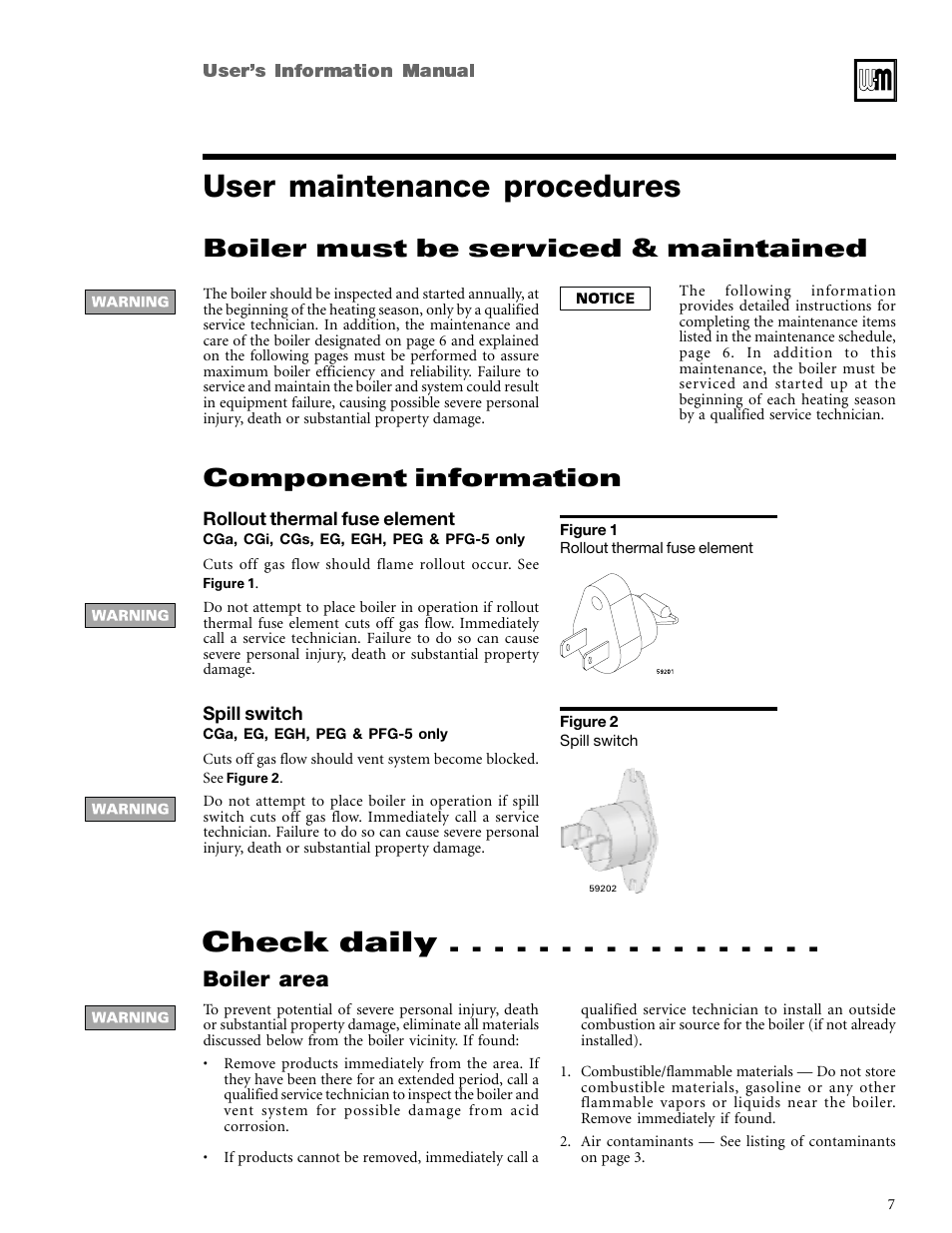 User maintenance procedures, Check daily, Component information | Boiler must be serviced & maintained, Boiler area | Weil-McLain CGi User Manual | Page 7 / 24