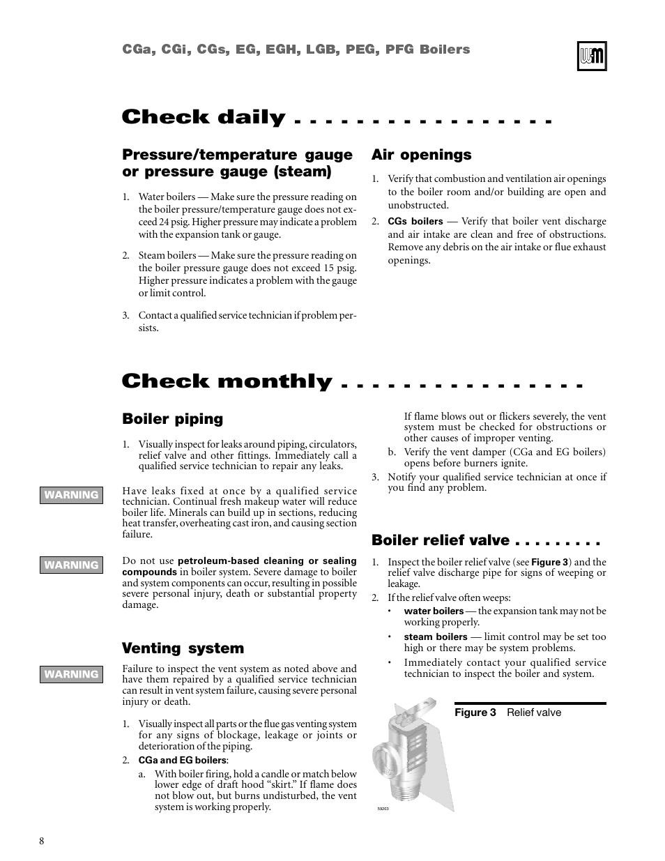 Check daily, Check monthly, Air openings | Venting system, Boiler piping, Boiler relief valve | Weil-McLain CGi User Manual | Page 8 / 24