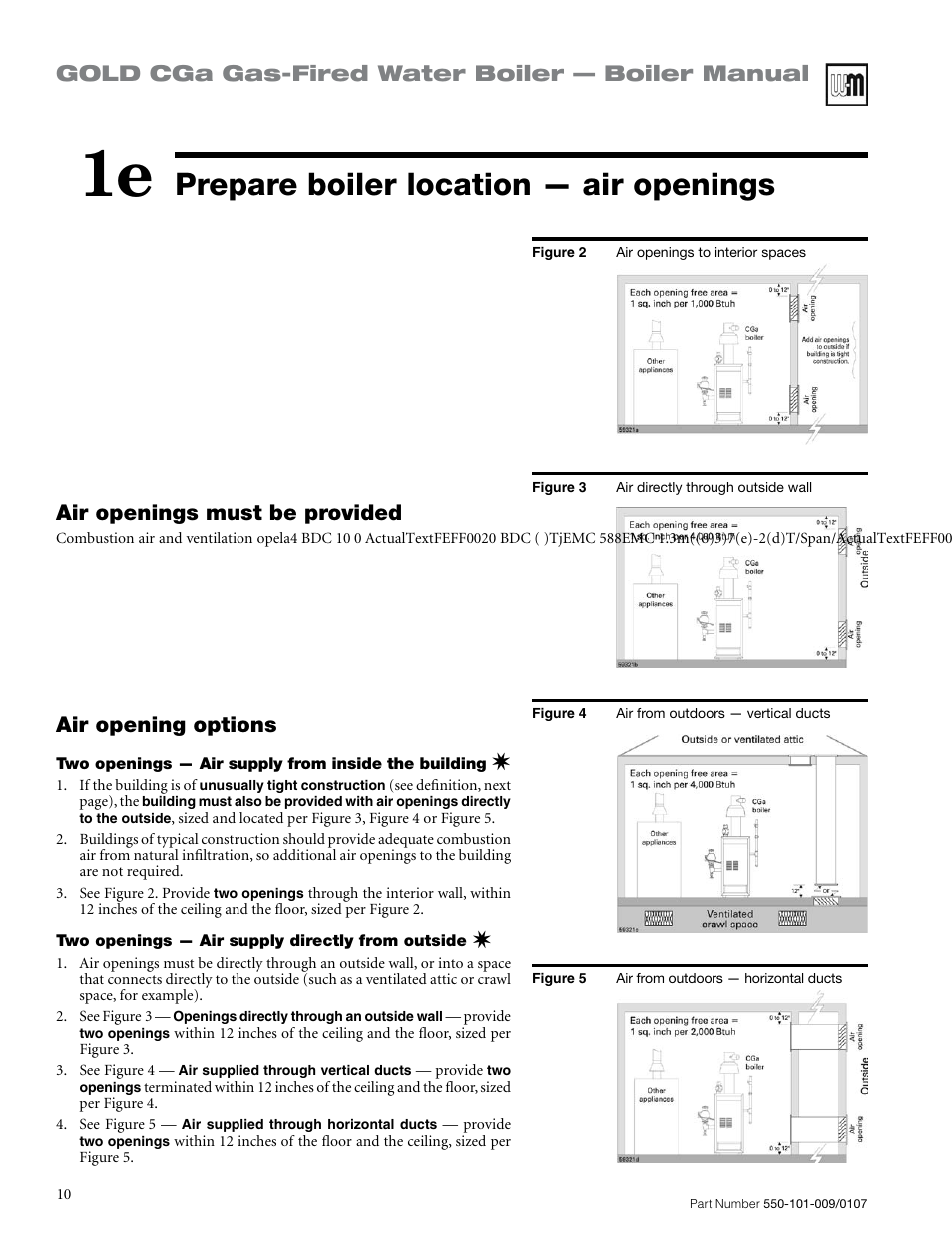 Prepare boiler location — air openings, Gold cga gas-fired water boiler — boiler manual, Air opening options | Air openings must be provided | Weil-McLain Gold CGa User Manual | Page 10 / 68