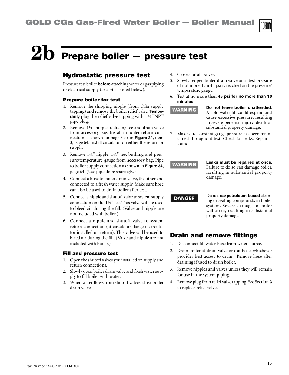 Prepare boiler — pressure test, Gold cga gas-fired water boiler — boiler manual, Hydrostatic pressure test | Drain and remove fittings | Weil-McLain Gold CGa User Manual | Page 13 / 68