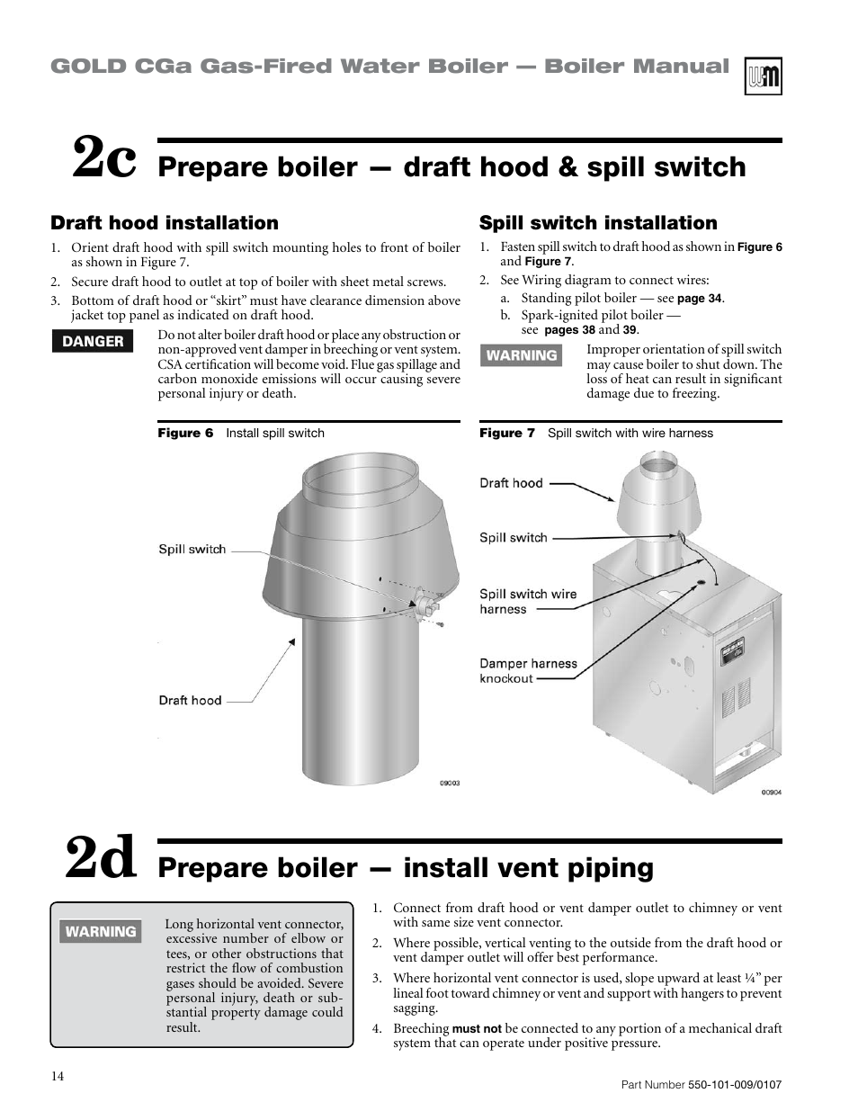 2c 2d, Prepare boiler — draft hood & spill switch, Prepare boiler — install vent piping | Gold cga gas-fired water boiler — boiler manual, Draft hood installation, Spill switch installation | Weil-McLain Gold CGa User Manual | Page 14 / 68