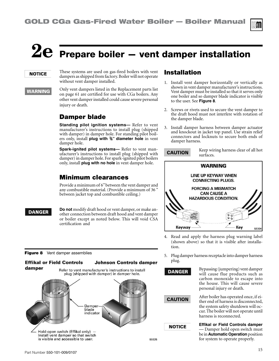 Prepare boiler — vent damper installation, Gold cga gas-fired water boiler — boiler manual, Installation | Damper blade, Minimum clearances | Weil-McLain Gold CGa User Manual | Page 15 / 68