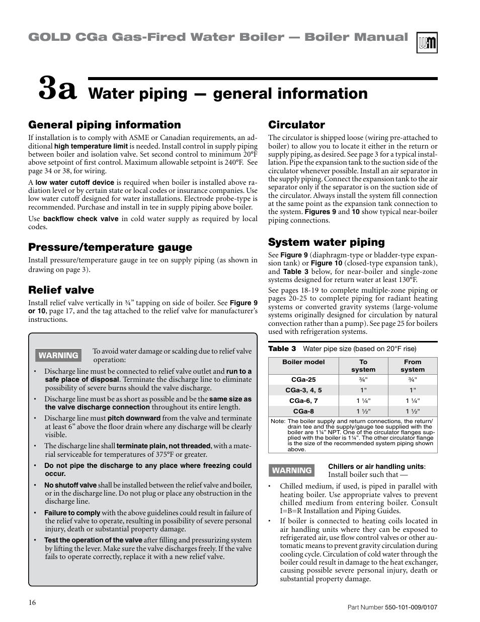 Water piping — general information, Gold cga gas-fired water boiler — boiler manual, General piping information | Pressure/temperature gauge, Relief valve, System water piping, Circulator | Weil-McLain Gold CGa User Manual | Page 16 / 68