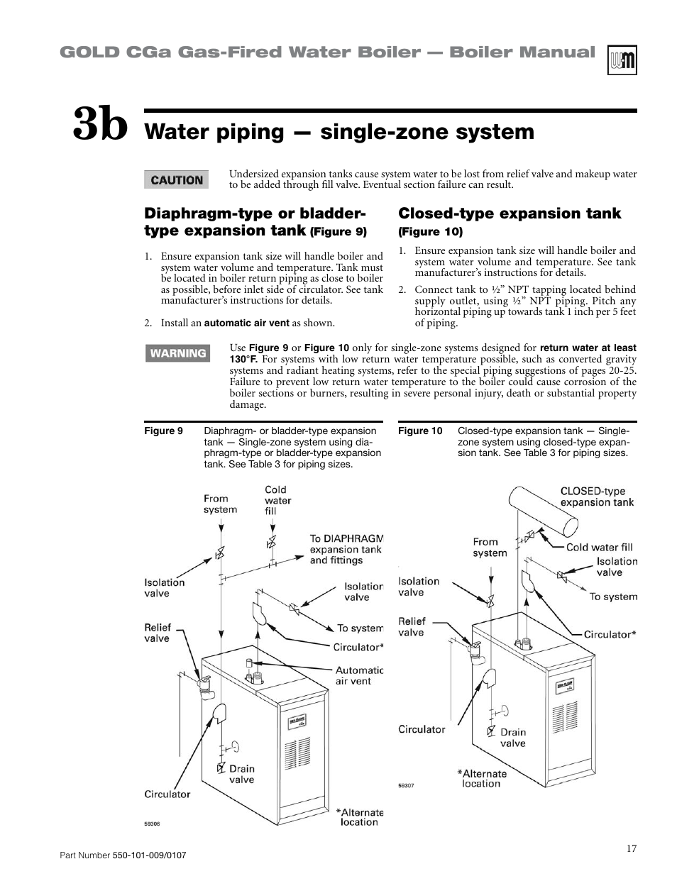 Water piping — single-zone system, Closed-type expansion tank | Weil-McLain Gold CGa User Manual | Page 17 / 68