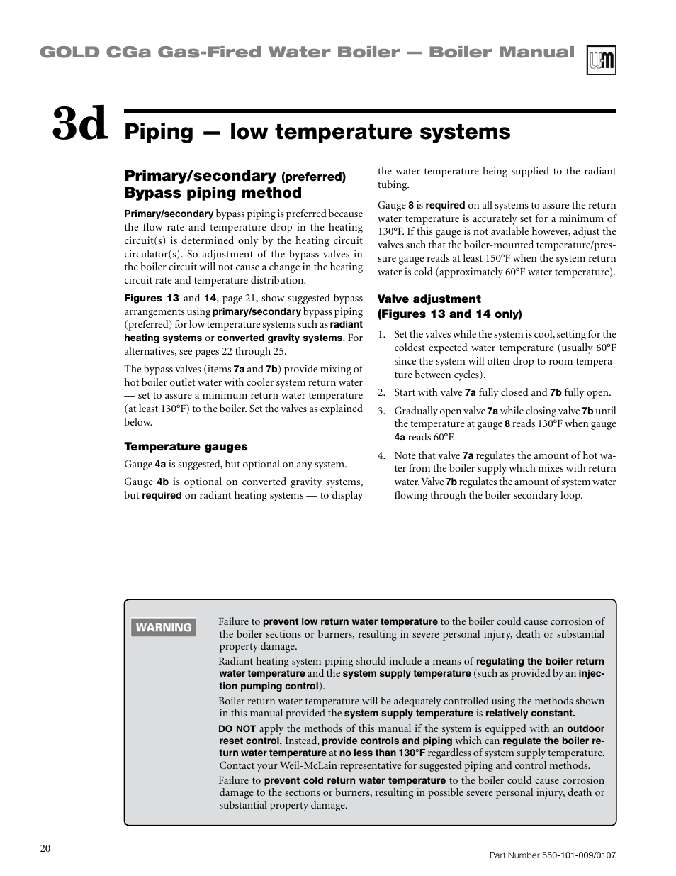 Piping — low temperature systems, Gold cga gas-fired water boiler — boiler manual, Primary/secondary | Bypass piping method | Weil-McLain Gold CGa User Manual | Page 20 / 68