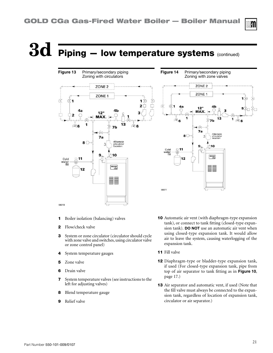 Piping — low temperature systems, Gold cga gas-fired water boiler — boiler manual | Weil-McLain Gold CGa User Manual | Page 21 / 68