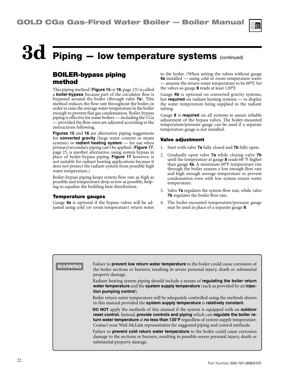 Piping — low temperature systems, Gold cga gas-fired water boiler — boiler manual, Boiler-bypass piping method | Weil-McLain Gold CGa User Manual | Page 22 / 68