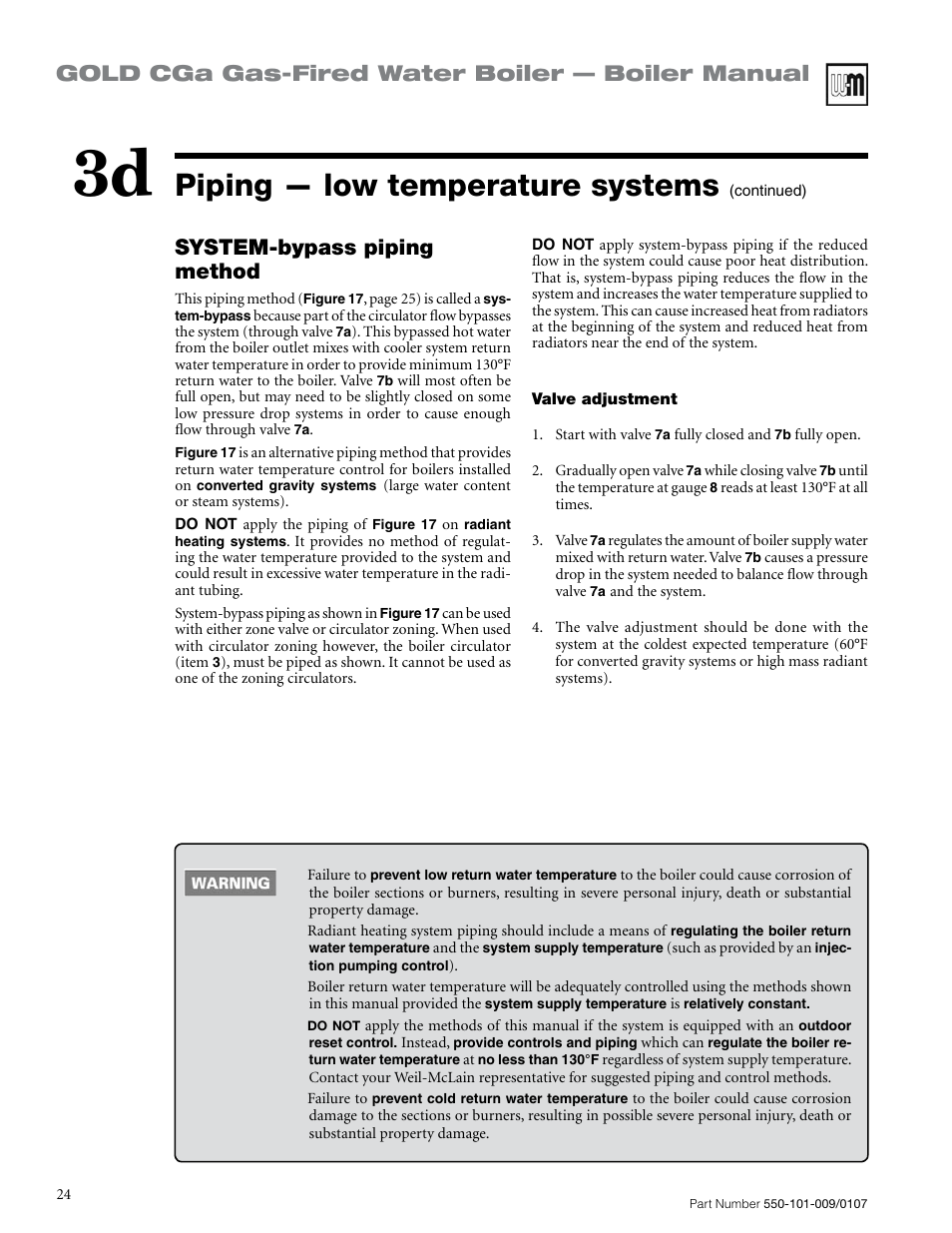 Piping — low temperature systems, Gold cga gas-fired water boiler — boiler manual, System-bypass piping method | Weil-McLain Gold CGa User Manual | Page 24 / 68
