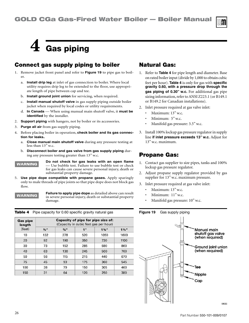 Gas piping, Gold cga gas-fired water boiler — boiler manual, Natural gas | Propane gas, Connect gas supply piping to boiler | Weil-McLain Gold CGa User Manual | Page 26 / 68