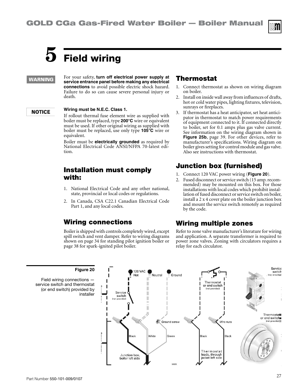 Field wiring, Gold cga gas-fired water boiler — boiler manual, Installation must comply with | Wiring connections, Thermostat, Junction box (furnished), Wiring multiple zones | Weil-McLain Gold CGa User Manual | Page 27 / 68