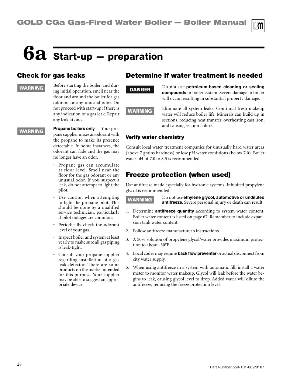 Start-up — preparation, Gold cga gas-fired water boiler — boiler manual, Check for gas leaks | Determine if water treatment is needed, Freeze protection (when used) | Weil-McLain Gold CGa User Manual | Page 28 / 68