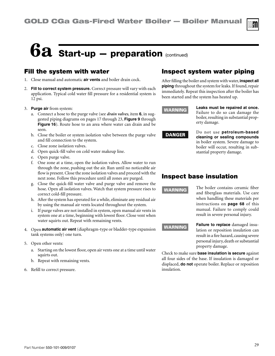 Start-up — preparation, Inspect system water piping, Inspect base insulation | Weil-McLain Gold CGa User Manual | Page 29 / 68