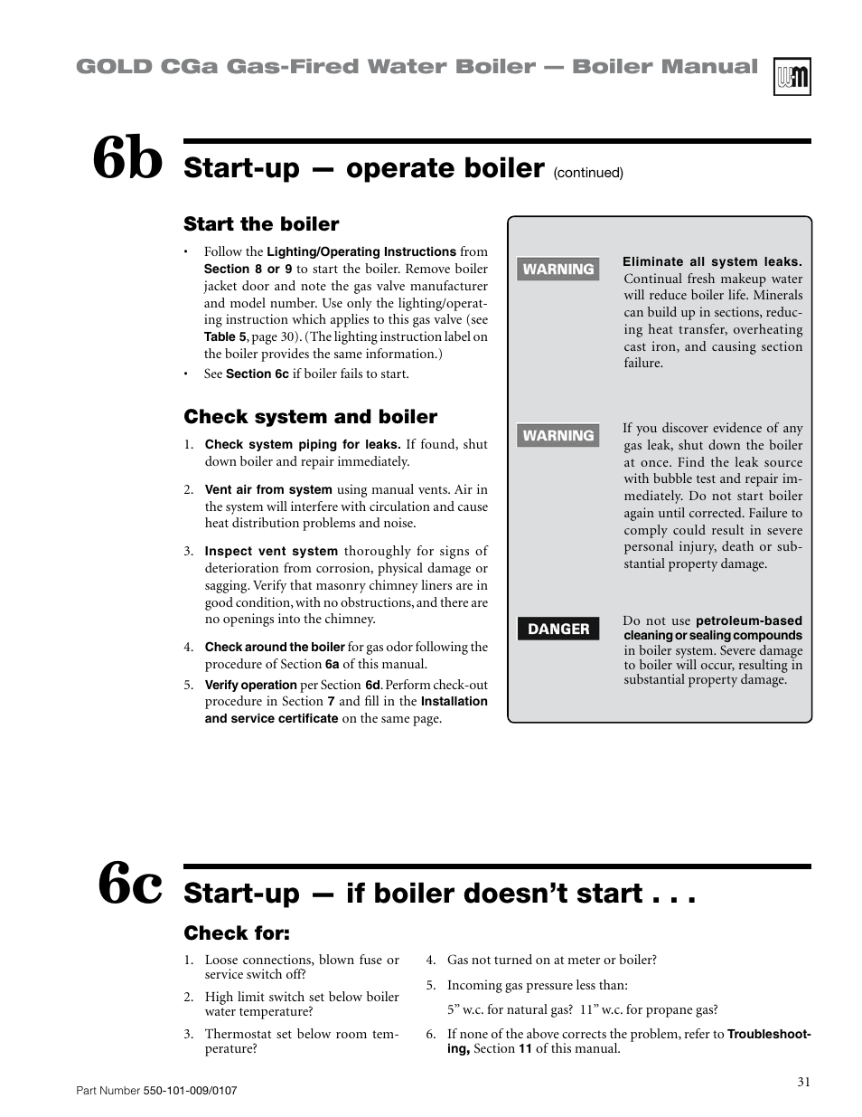 Start-up — if boiler doesn’t start, Start-up — operate boiler, Gold cga gas-fired water boiler — boiler manual | Check for, Start the boiler, Check system and boiler | Weil-McLain Gold CGa User Manual | Page 31 / 68