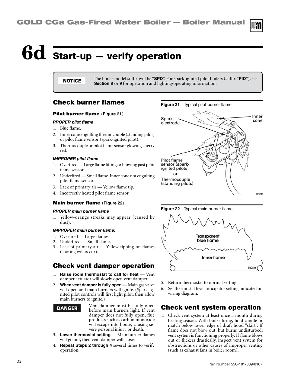 Start-up — verify operation, Gold cga gas-fired water boiler — boiler manual, Check vent system operation | Check burner flames, Check vent damper operation | Weil-McLain Gold CGa User Manual | Page 32 / 68