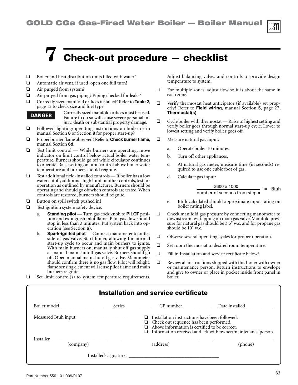 Check-out procedure — checklist, Gold cga gas-fired water boiler — boiler manual, Installation and service certificate | Weil-McLain Gold CGa User Manual | Page 33 / 68