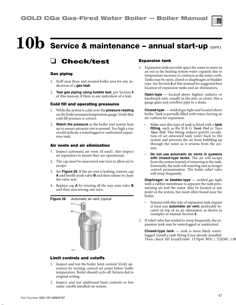 Service & maintenance – annual start-up, Check/test, Gold cga gas-fired water boiler — boiler manual | Weil-McLain Gold CGa User Manual | Page 47 / 68