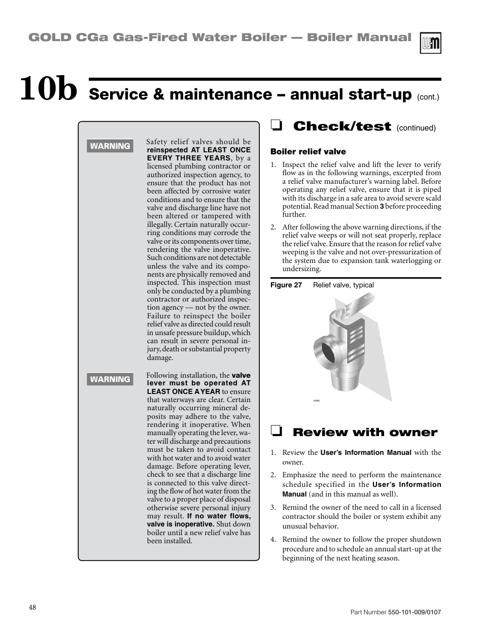 Service & maintenance – annual start-up, Check/test, Gold cga gas-fired water boiler — boiler manual | Review with owner | Weil-McLain Gold CGa User Manual | Page 48 / 68