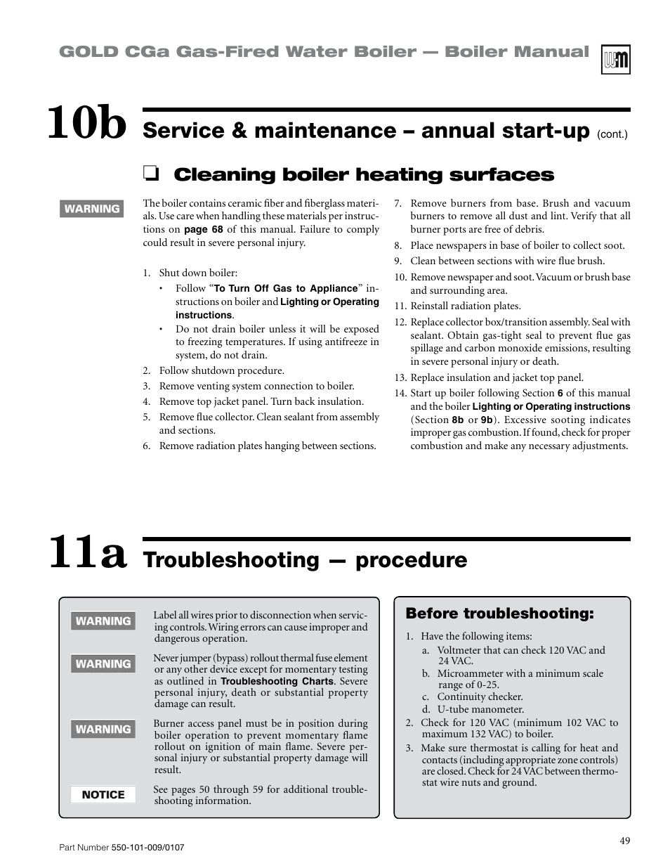 Troubleshooting — procedure, Service & maintenance – annual start-up, Cleaning boiler heating surfaces | Gold cga gas-fired water boiler — boiler manual, Before troubleshooting | Weil-McLain Gold CGa User Manual | Page 49 / 68