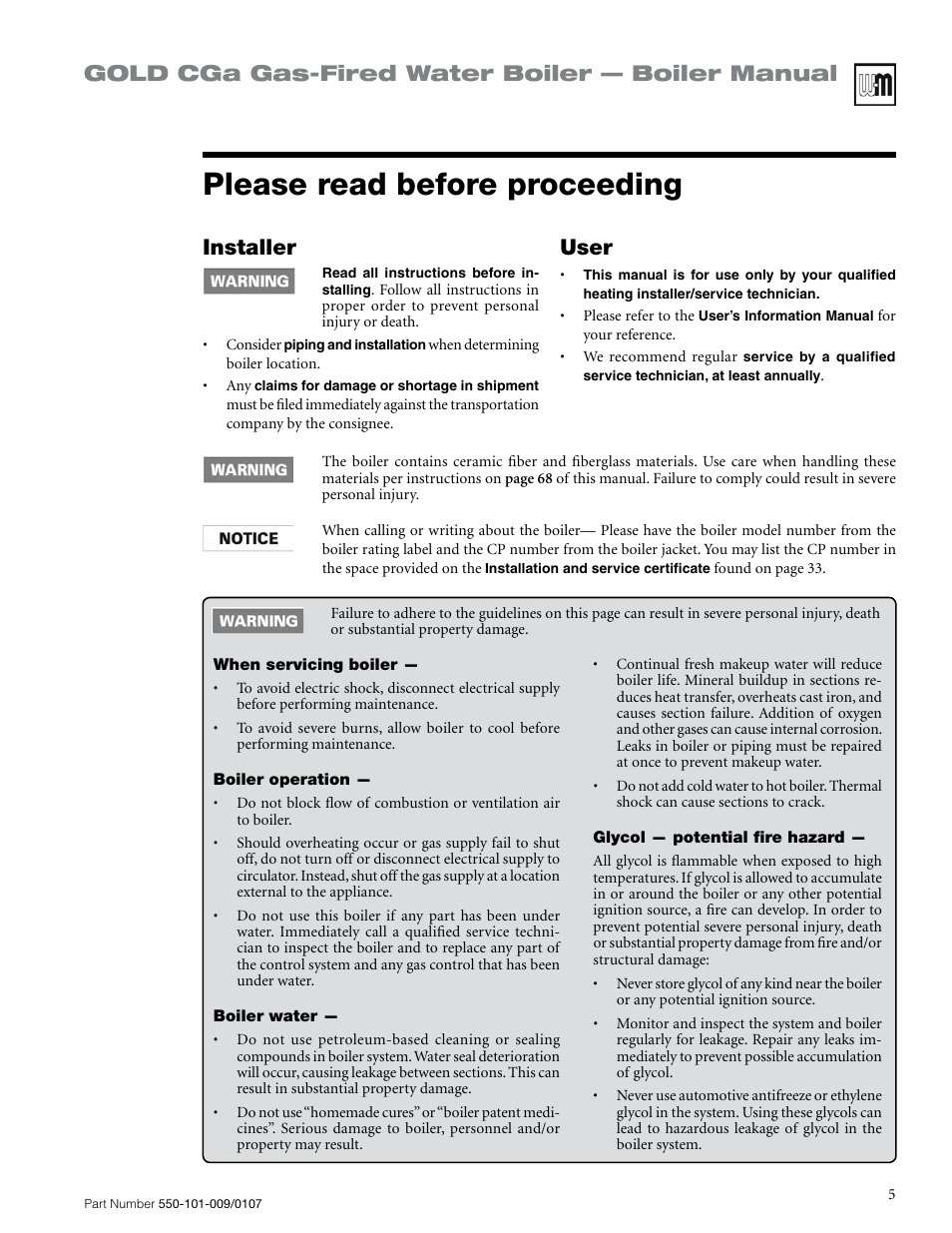 Please read before proceeding, Gold cga gas-fired water boiler — boiler manual, Installer | User | Weil-McLain Gold CGa User Manual | Page 5 / 68
