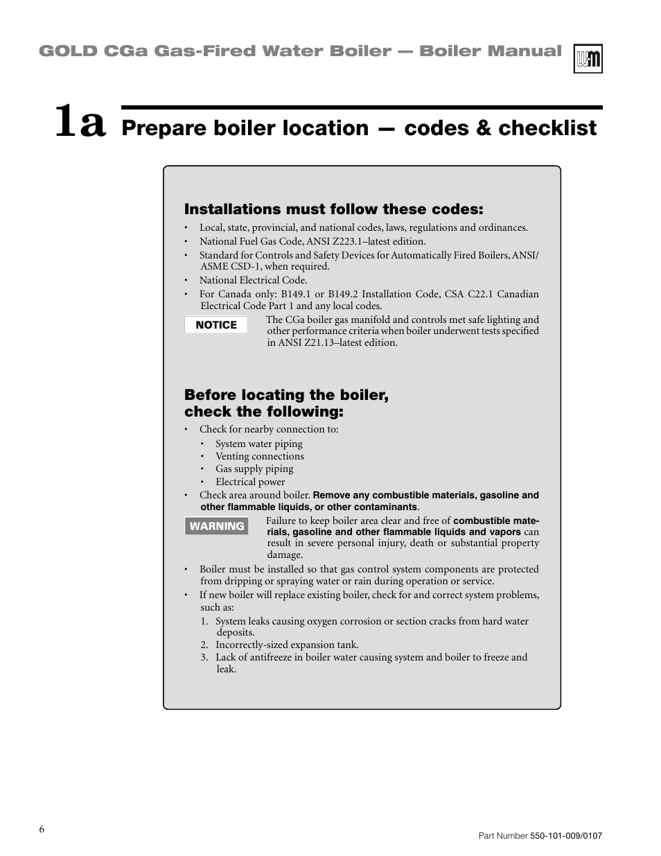 Prepare boiler location — codes & checklist, Gold cga gas-fired water boiler — boiler manual, Installations must follow these codes | Before locating the boiler, check the following | Weil-McLain Gold CGa User Manual | Page 6 / 68