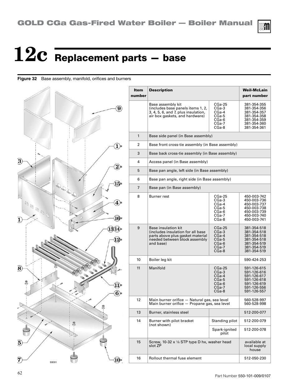 Replacement parts — base, Gold cga gas-fired water boiler — boiler manual | Weil-McLain Gold CGa User Manual | Page 62 / 68