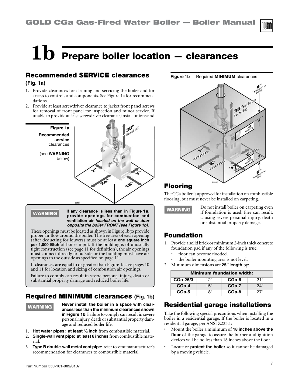 Prepare boiler location — clearances, Gold cga gas-fired water boiler — boiler manual, Recommended service clearances | Required minimum clearances, Flooring, Foundation, Residential garage installations | Weil-McLain Gold CGa User Manual | Page 7 / 68
