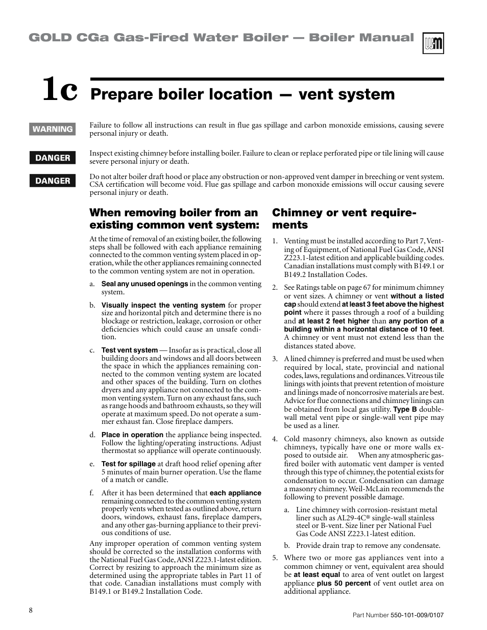 Prepare boiler location — vent system, Gold cga gas-fired water boiler — boiler manual, Chimney or vent require- ments | Weil-McLain Gold CGa User Manual | Page 8 / 68