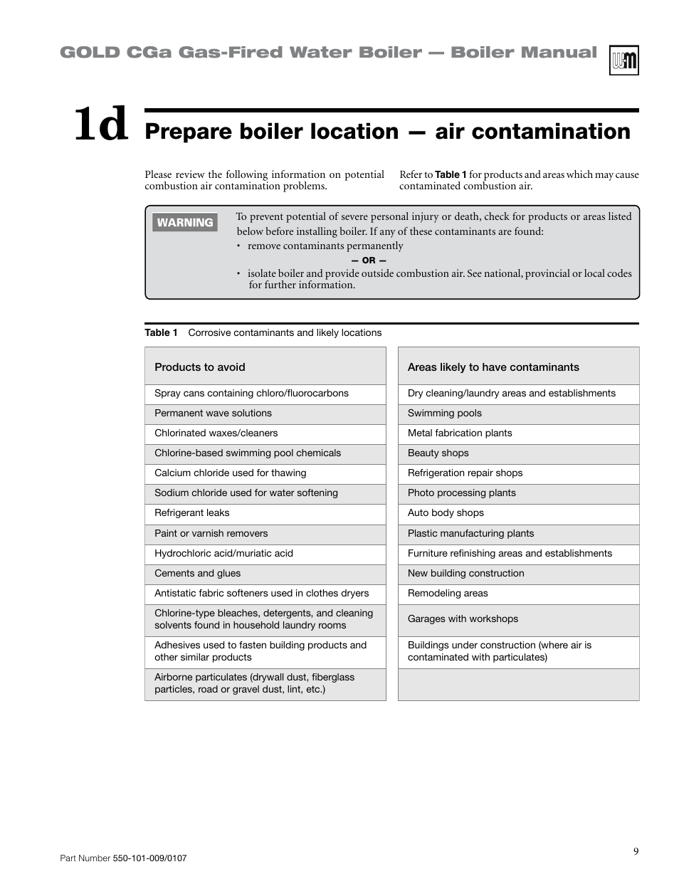 Prepare boiler location — air contamination, Gold cga gas-fired water boiler — boiler manual | Weil-McLain Gold CGa User Manual | Page 9 / 68