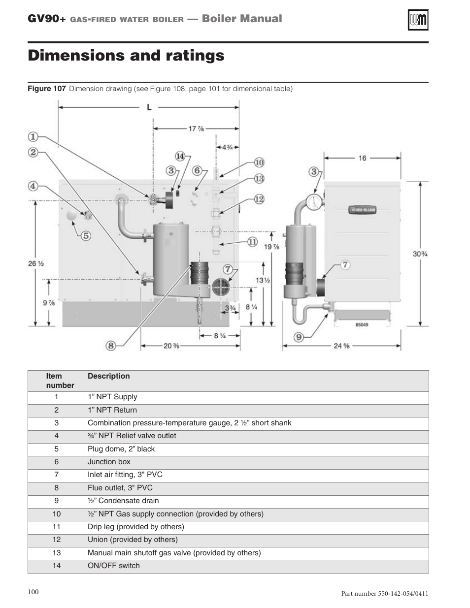 Dimensions and ratings, Gv90, Boiler manual | Weil-McLain GV90+ User Manual | Page 100 / 108